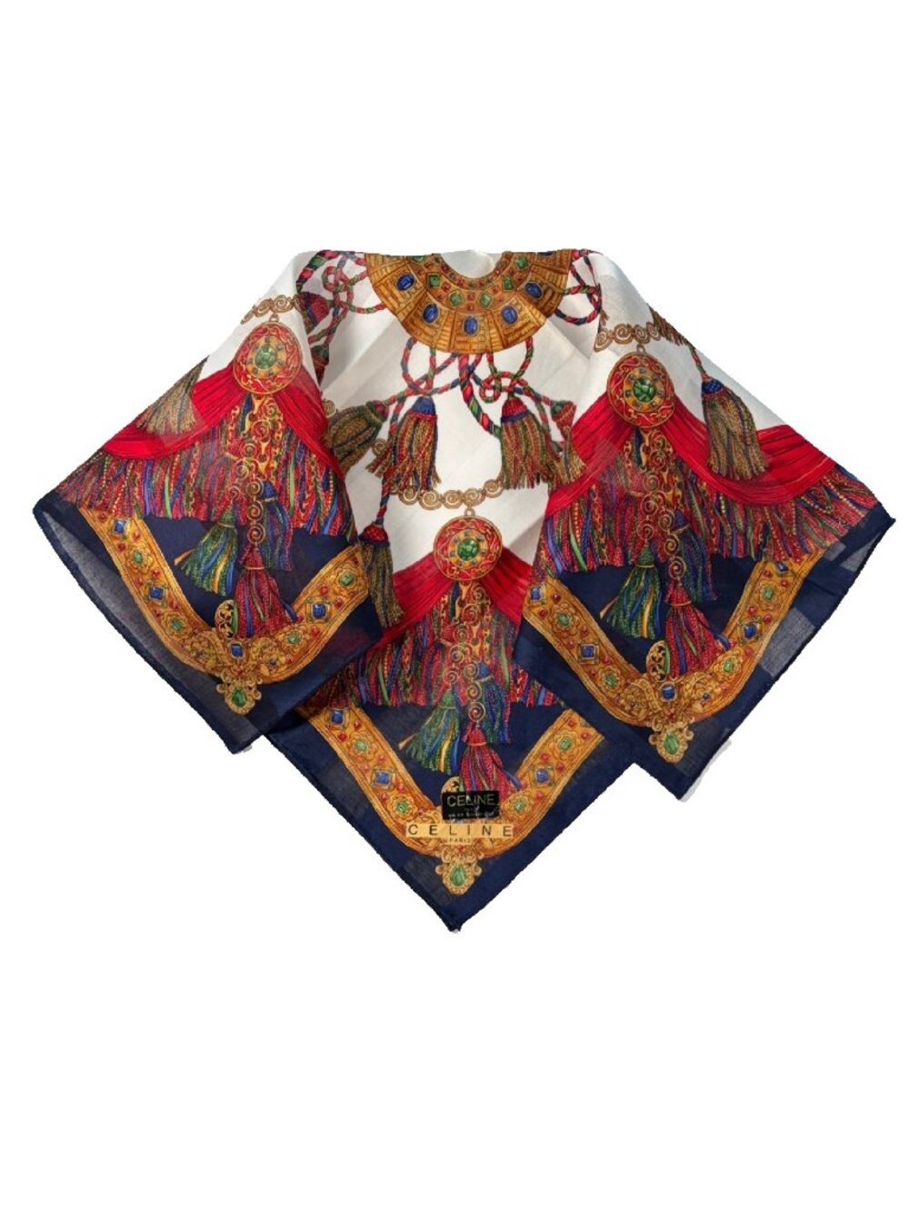 NWT Vintage Celine Paris Cotton Scarf Jewel Tassel Print